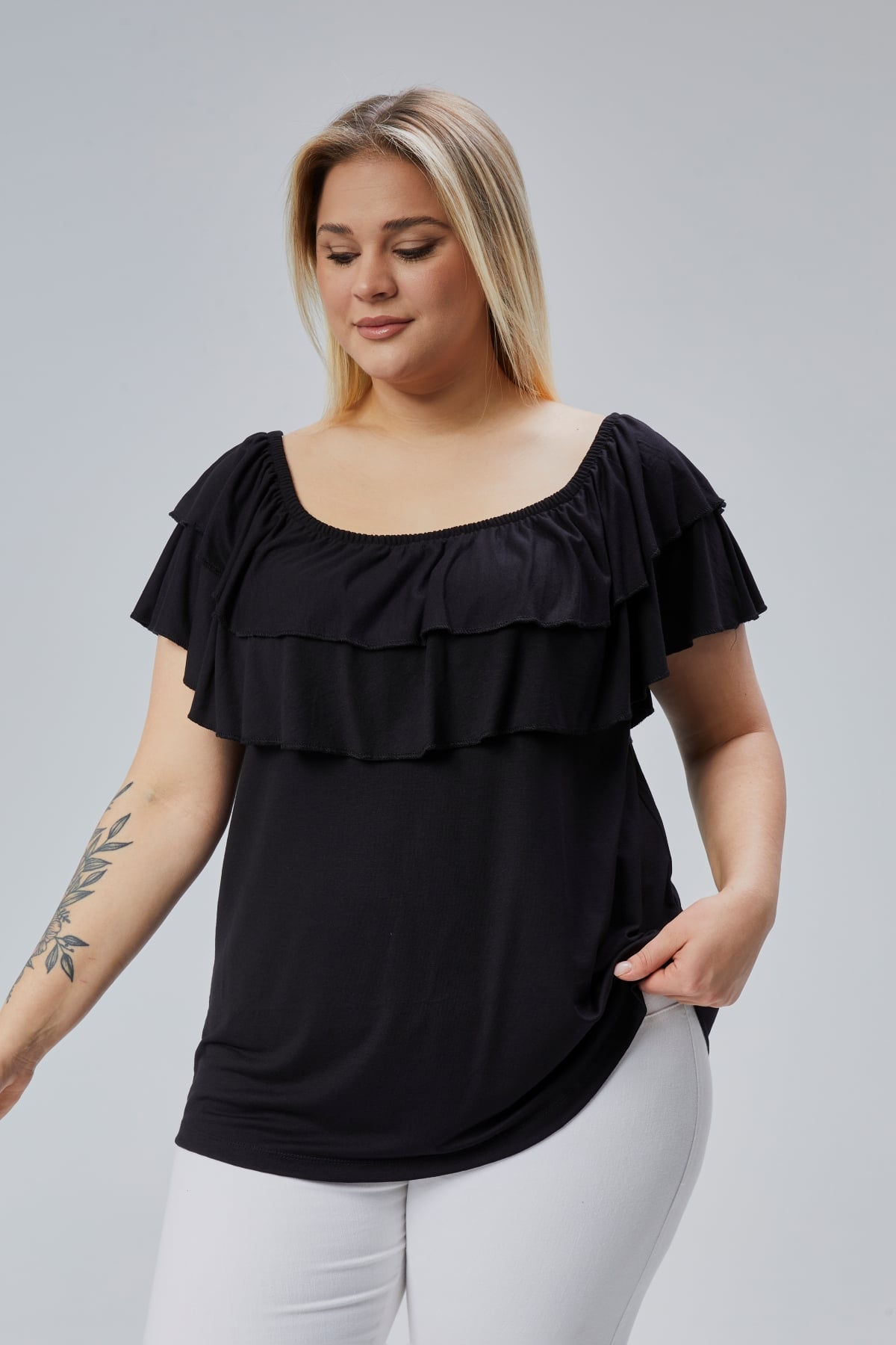 Black Plus Size Madonna Neck Viscose Blouse