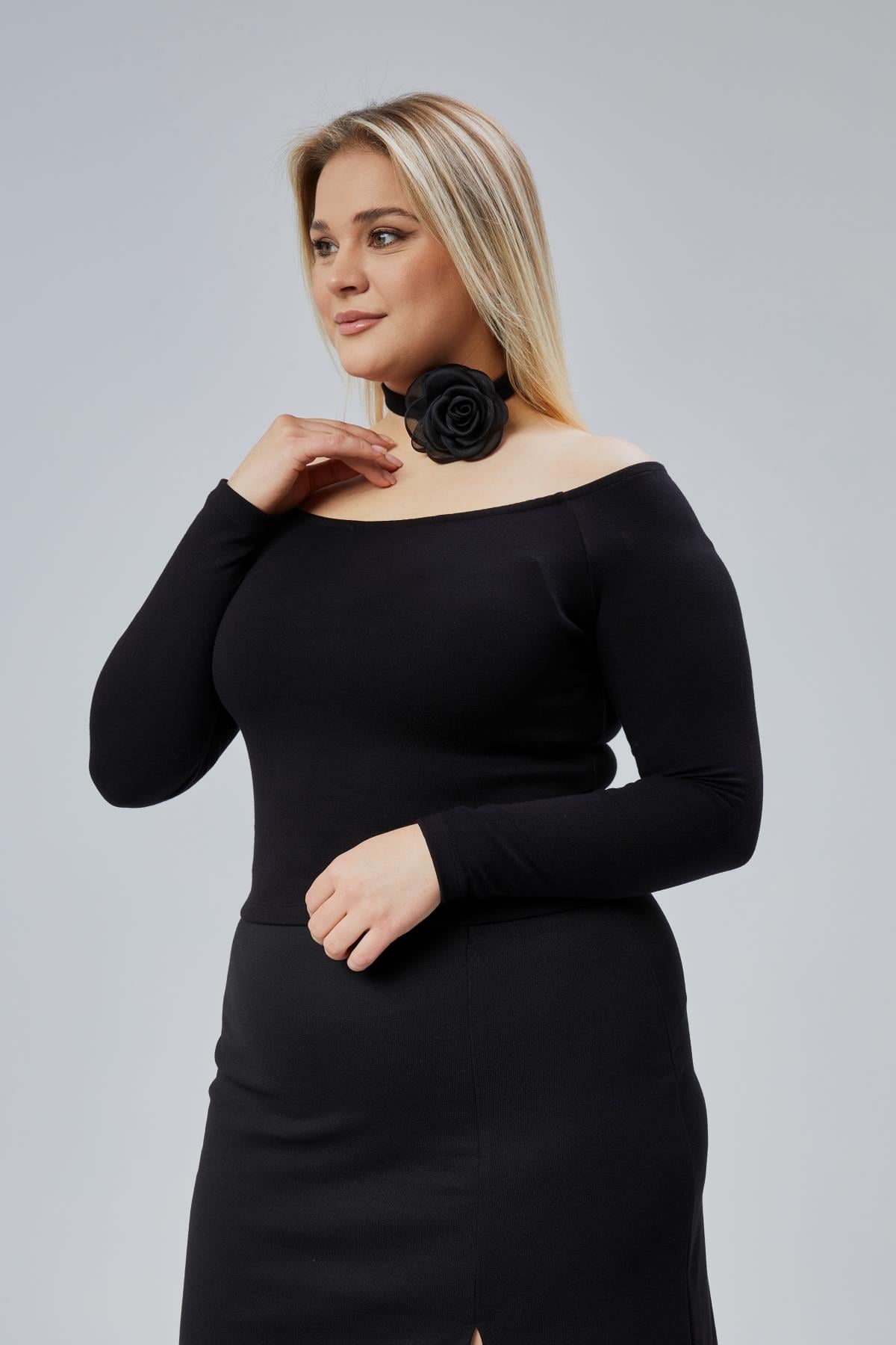 Black Plus Size Off-Shoulder Viscose Blouse - Denoss