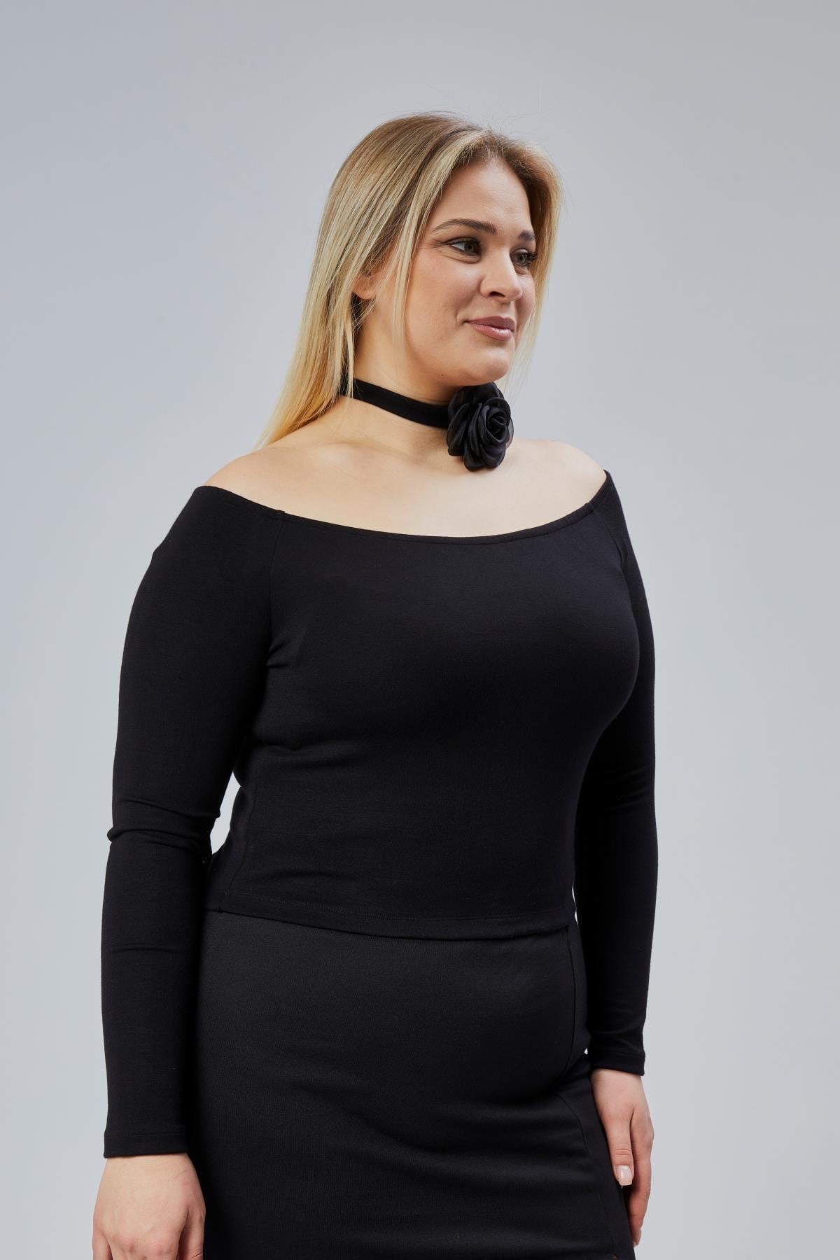 Black Plus Size Off-Shoulder Viscose Blouse - Denoss