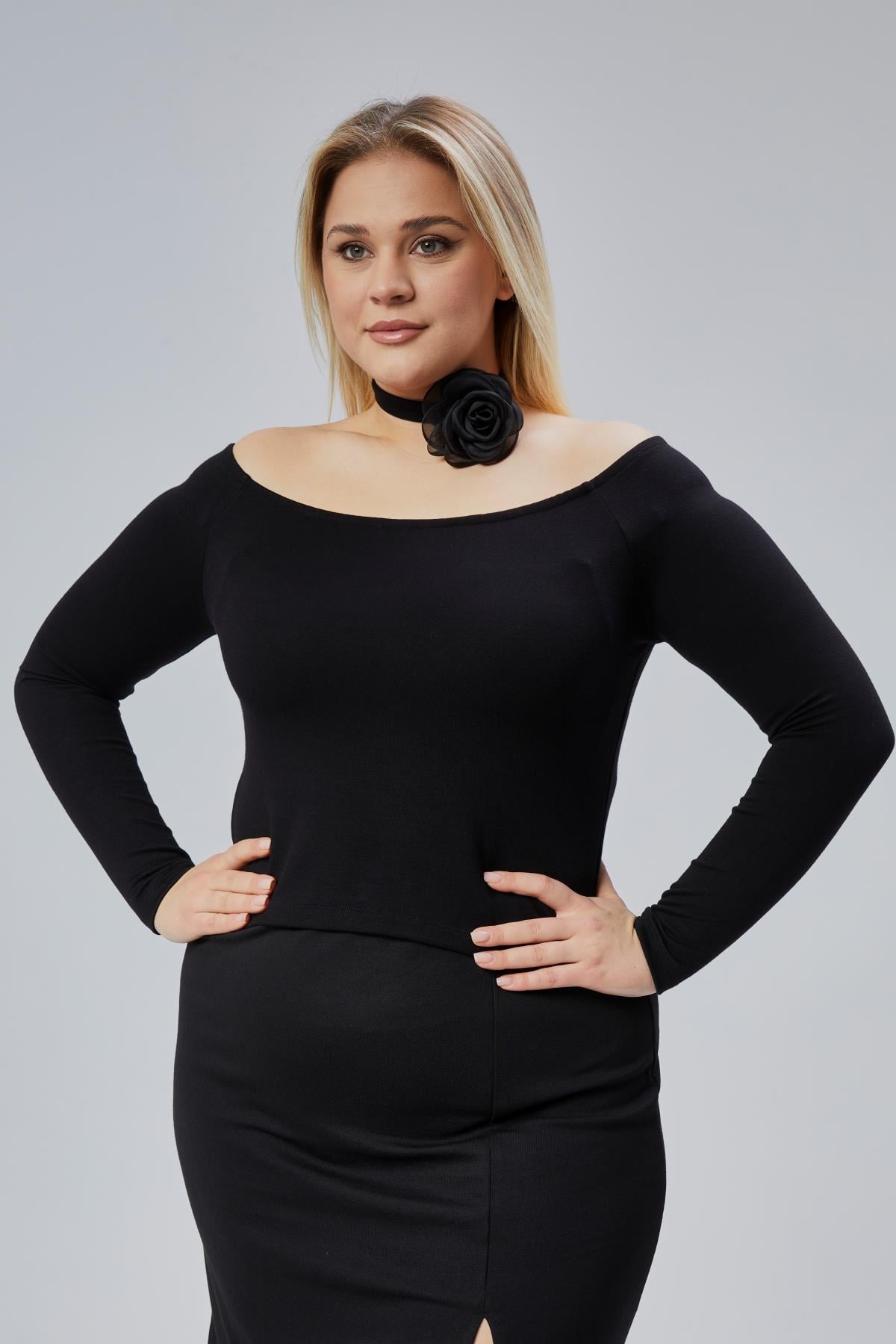 Black Plus Size Off-Shoulder Viscose Blouse - Denoss