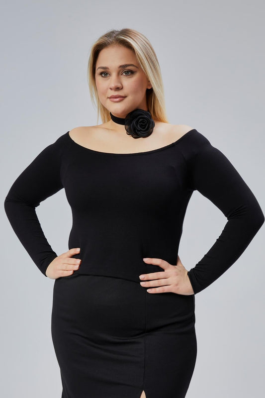 Black Plus Size Off-Shoulder Viscose Blouse - Denoss