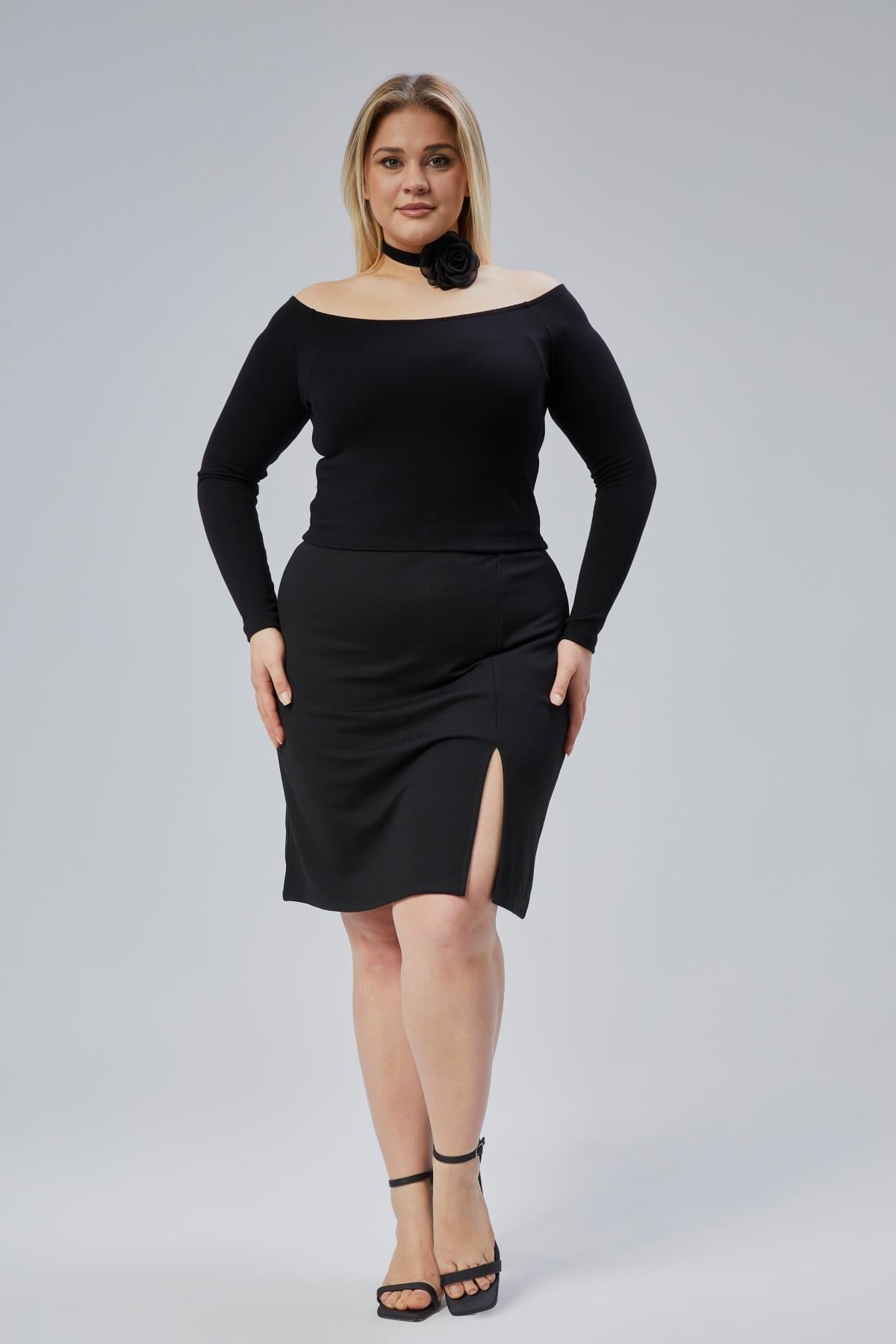 Black Plus Size Off-Shoulder Viscose Blouse - Denoss