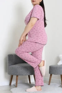 Plus Size Pink Leaves Viscose Pajama Set - Denoss