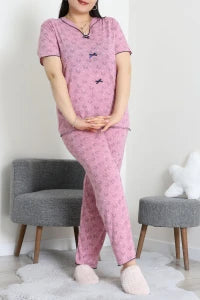 Plus Size Pink Leaves Viscose Pajama Set - Denoss