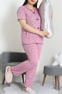Plus Size Pink Leaves Viscose Pajama Set - Denoss