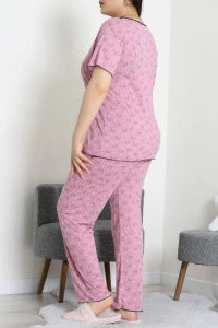 Plus Size Pink Leaves Viscose Pajama Set - Denoss