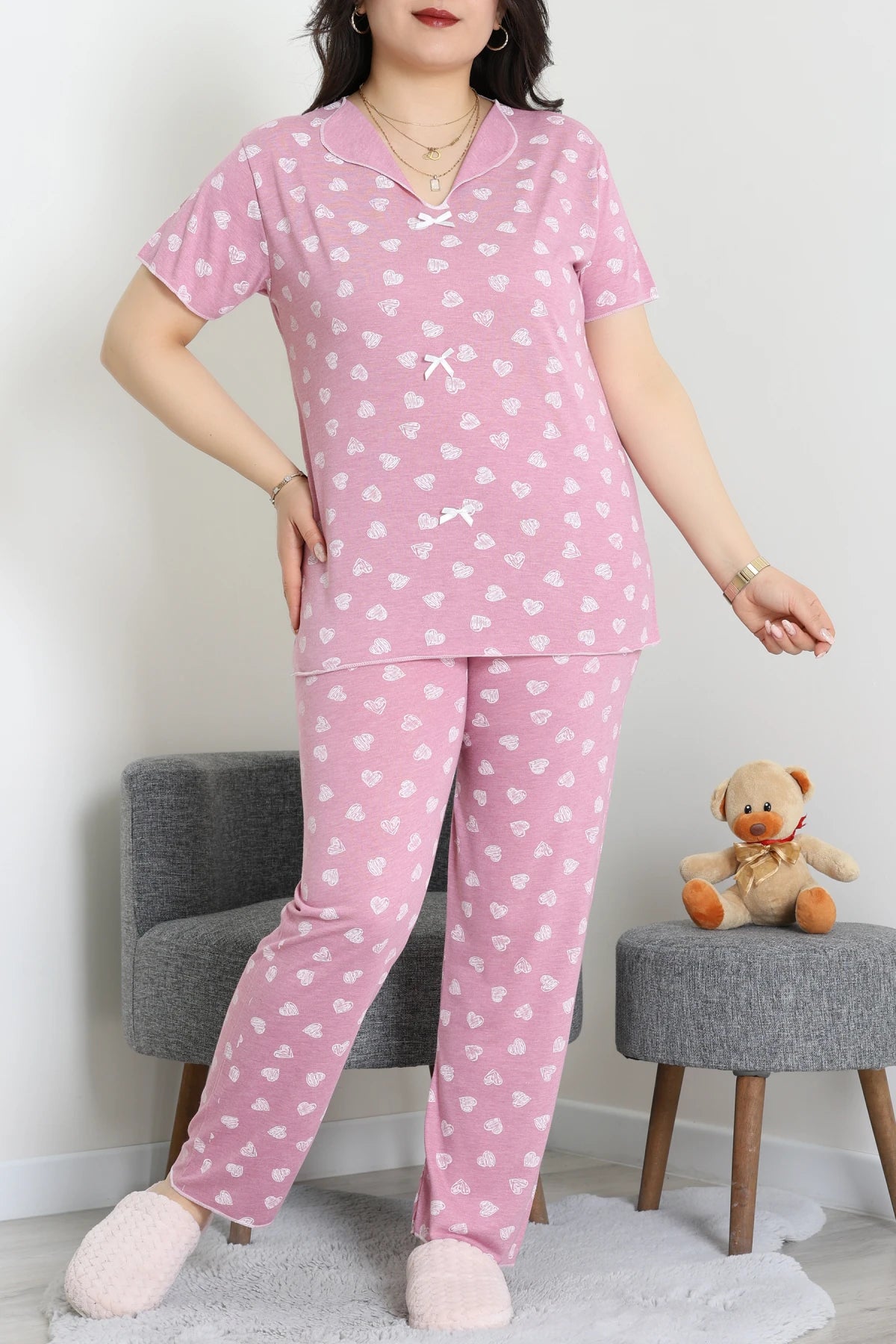 Plus Size Pink Hearts Viscose Pajama Set - Denoss