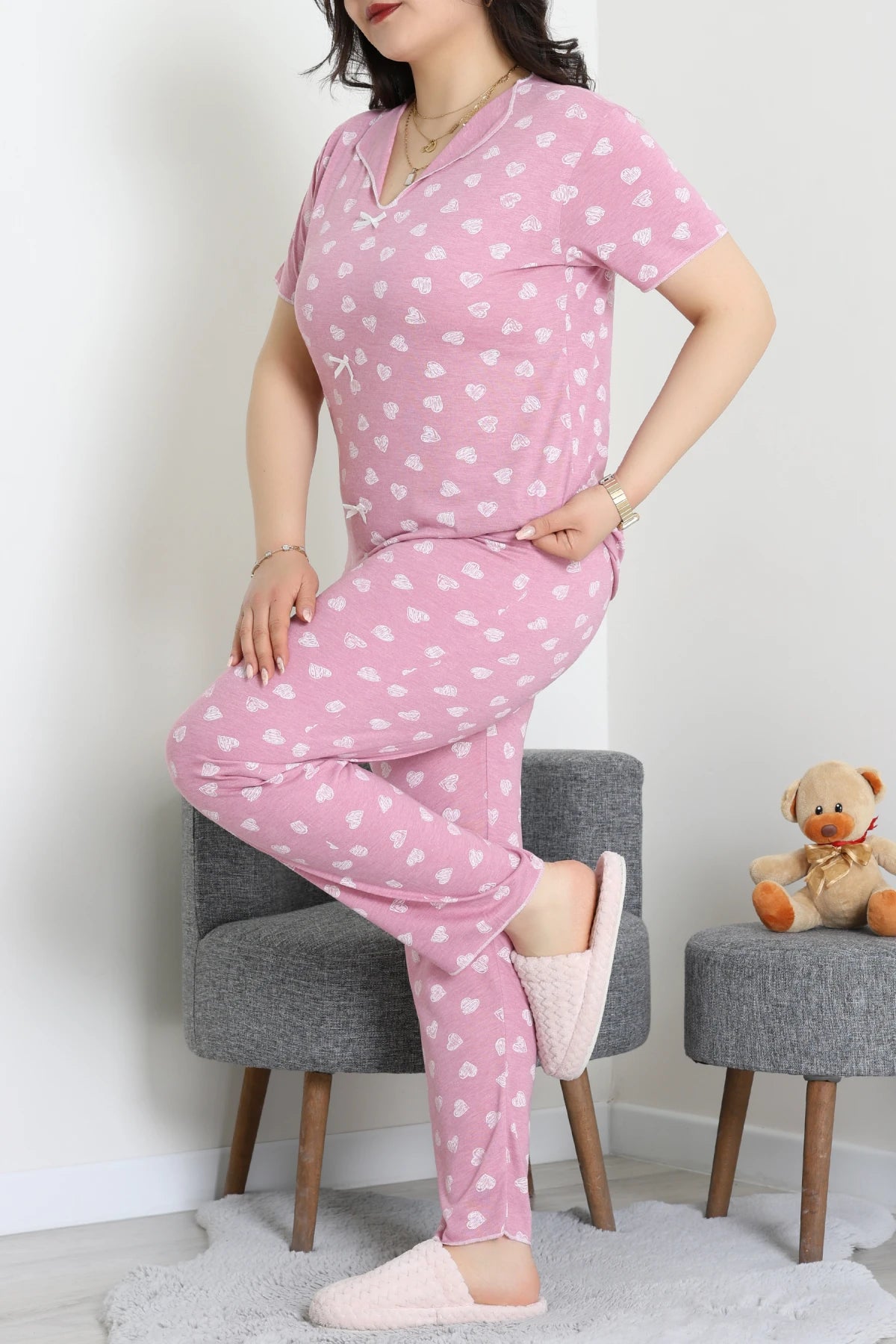 Plus Size Pink Hearts Viscose Pajama Set - Denoss