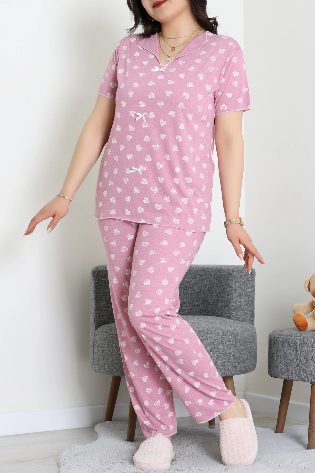 Plus Size Pink Hearts Viscose Pajama Set - Denoss