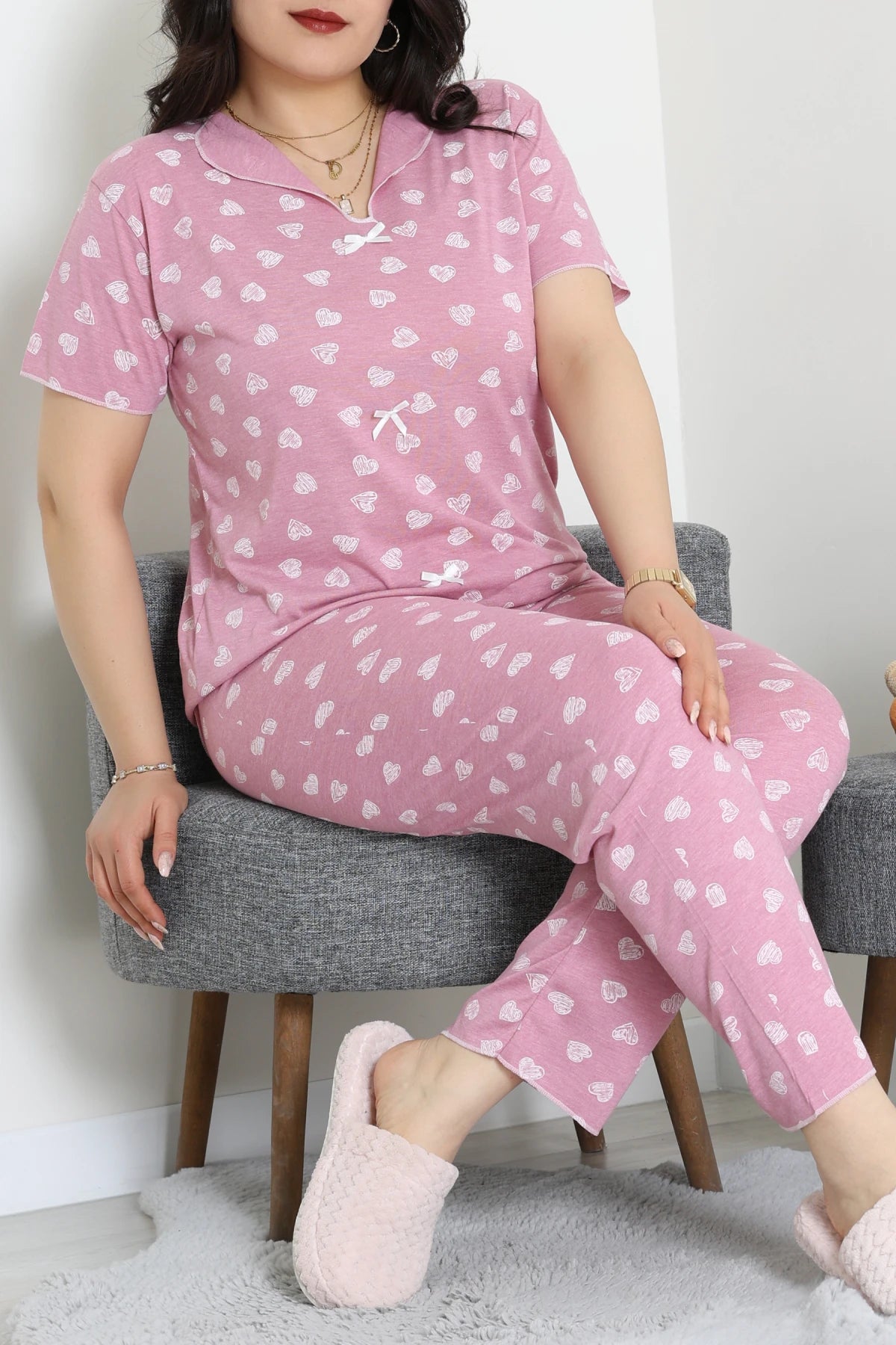 Plus Size Pink Hearts Viscose Pajama Set - Denoss