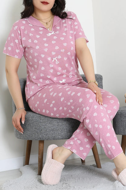 Plus Size Pink Hearts Viscose Pajama Set - Denoss