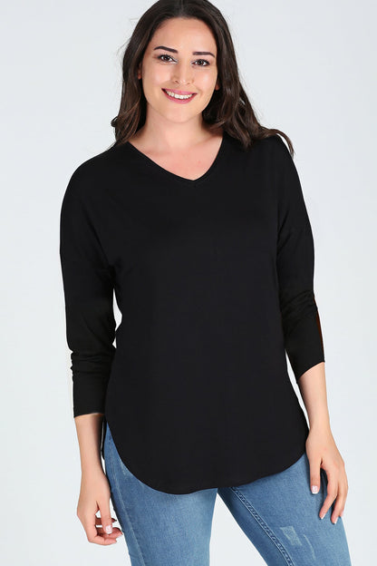 Plus Size V-Neck Long Sleeve Slit Heathered Viscose Black Blouse