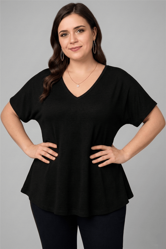 Plus Size V-Neck Short Sleeve Wide Skirt Black Blouse