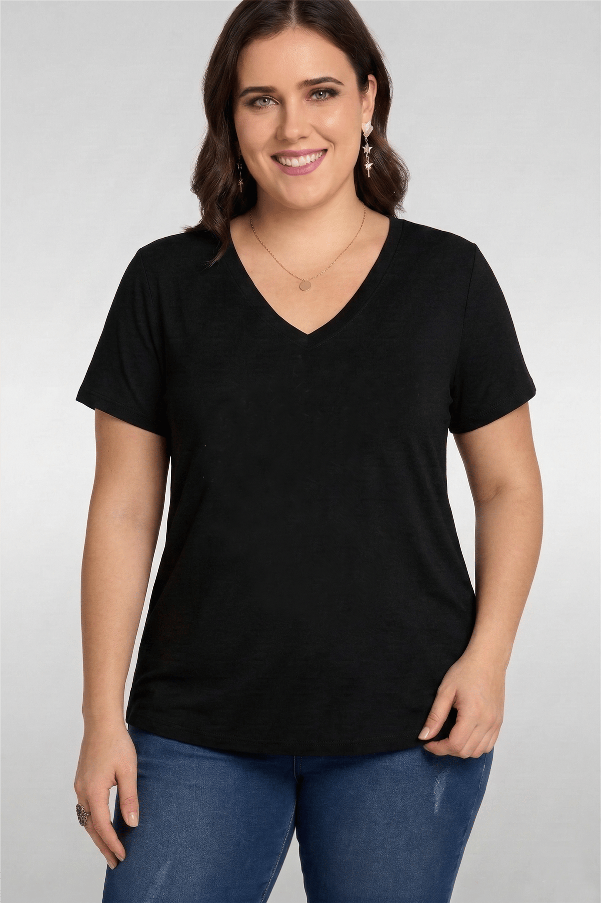 Plus Size V-Neck Short Sleeve Wide Skirt Black Blouse