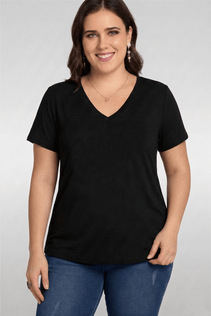 Plus Size V-Neck Short Sleeve Wide Skirt Black Blouse