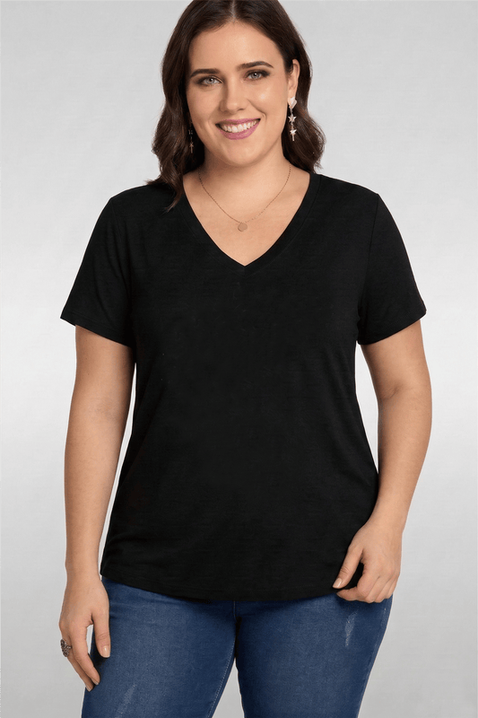Plus Size V-Neck Short Sleeve Wide Skirt Black Blouse