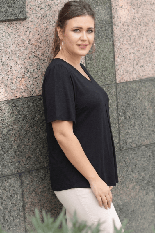 Plus Size V-Neck Front Pleated Short Sleeve Black Blouse