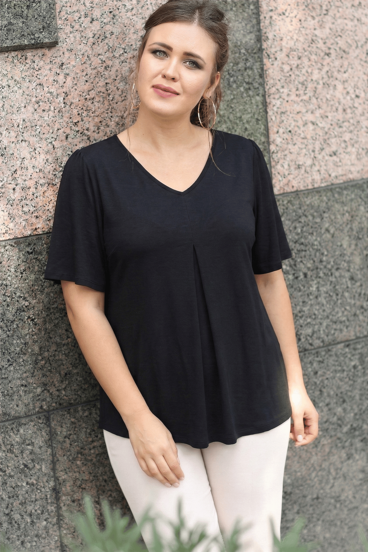 Plus Size V-Neck Front Pleated Short Sleeve Black Blouse