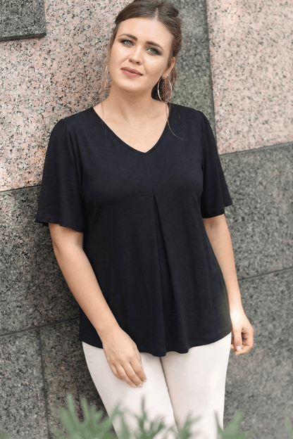 Plus Size V-Neck Front Pleated Short Sleeve Black Blouse