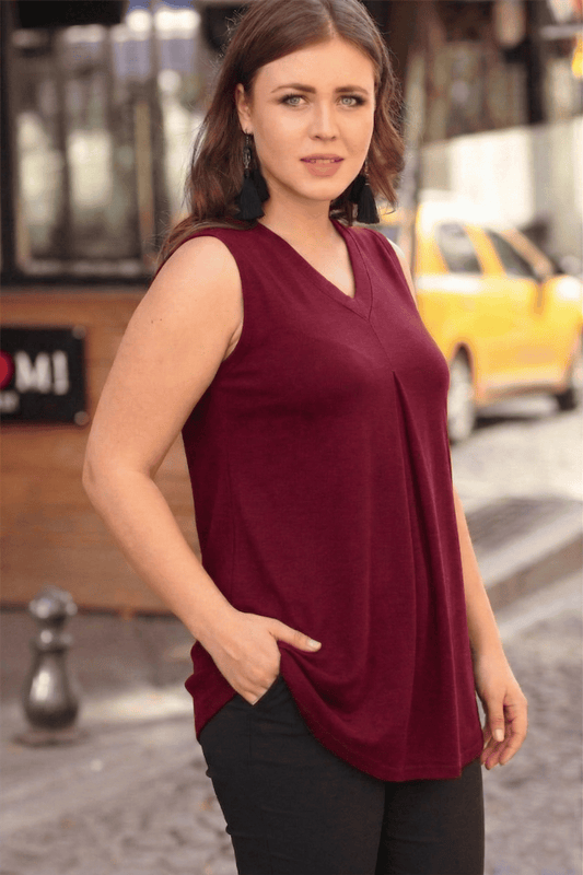Plus Size V-Neck Front Pleated Sleeveless Burgundy Blouse
