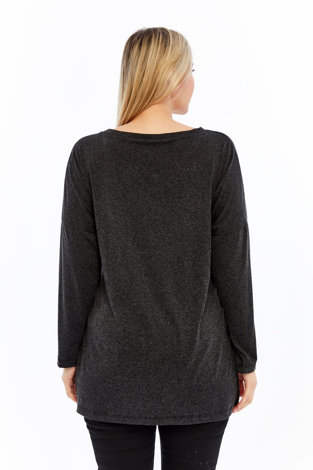 Plus Size V-Neck Long Sleeve Slit Heathered Viscose Anthracite Blouse