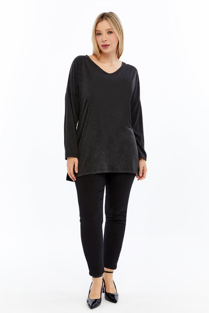 Plus Size V-Neck Long Sleeve Slit Heathered Viscose Anthracite Blouse