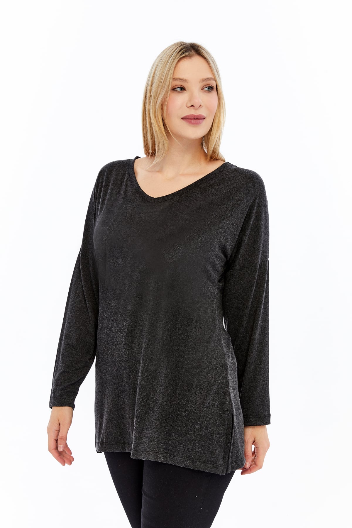 Plus Size V-Neck Long Sleeve Slit Heathered Viscose Anthracite Blouse