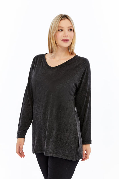Plus Size V-Neck Long Sleeve Slit Heathered Viscose Anthracite Blouse