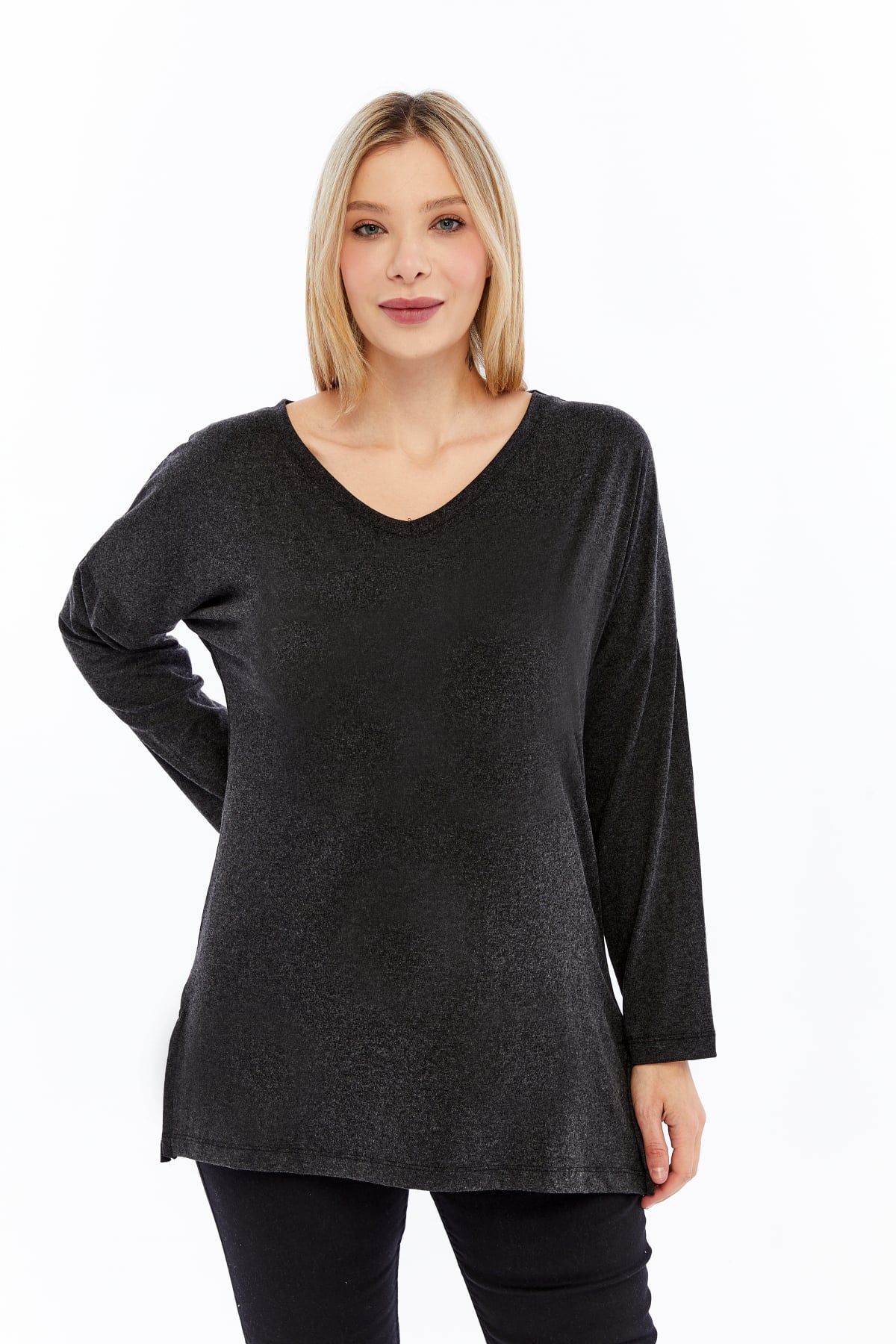 Plus Size V-Neck Long Sleeve Slit Heathered Viscose Anthracite Blouse