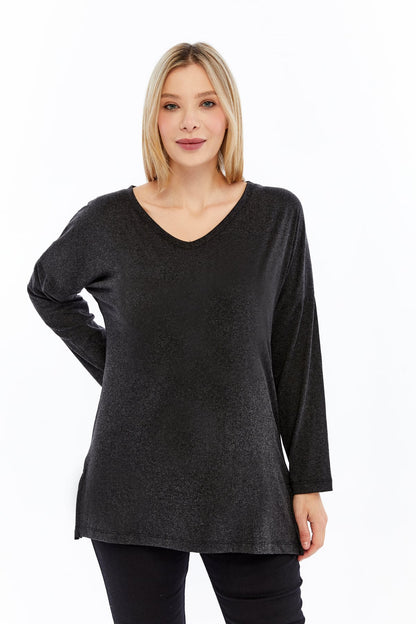 Plus Size V-Neck Long Sleeve Slit Heathered Viscose Anthracite Blouse
