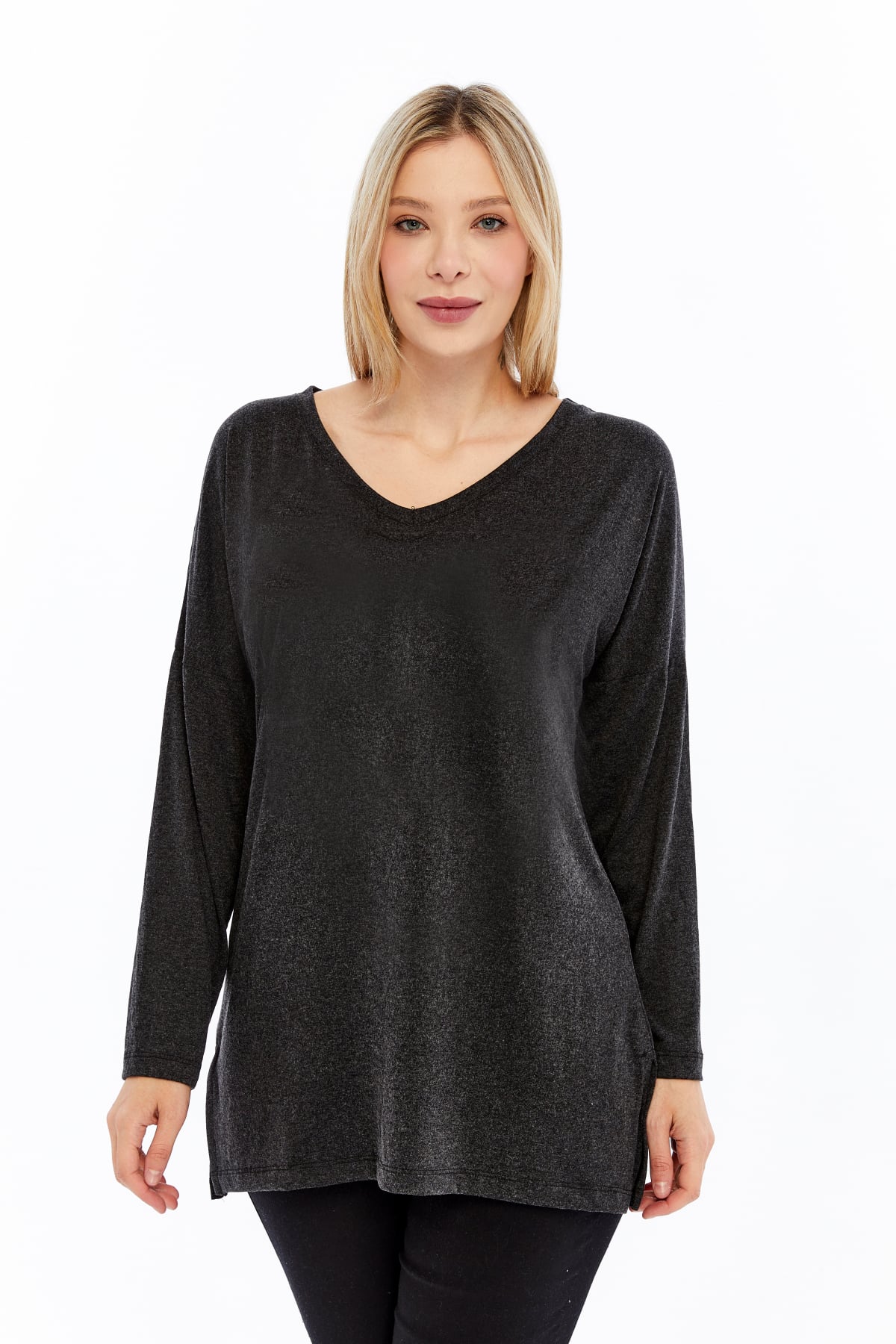 Plus Size V-Neck Long Sleeve Slit Heathered Viscose Anthracite Blouse