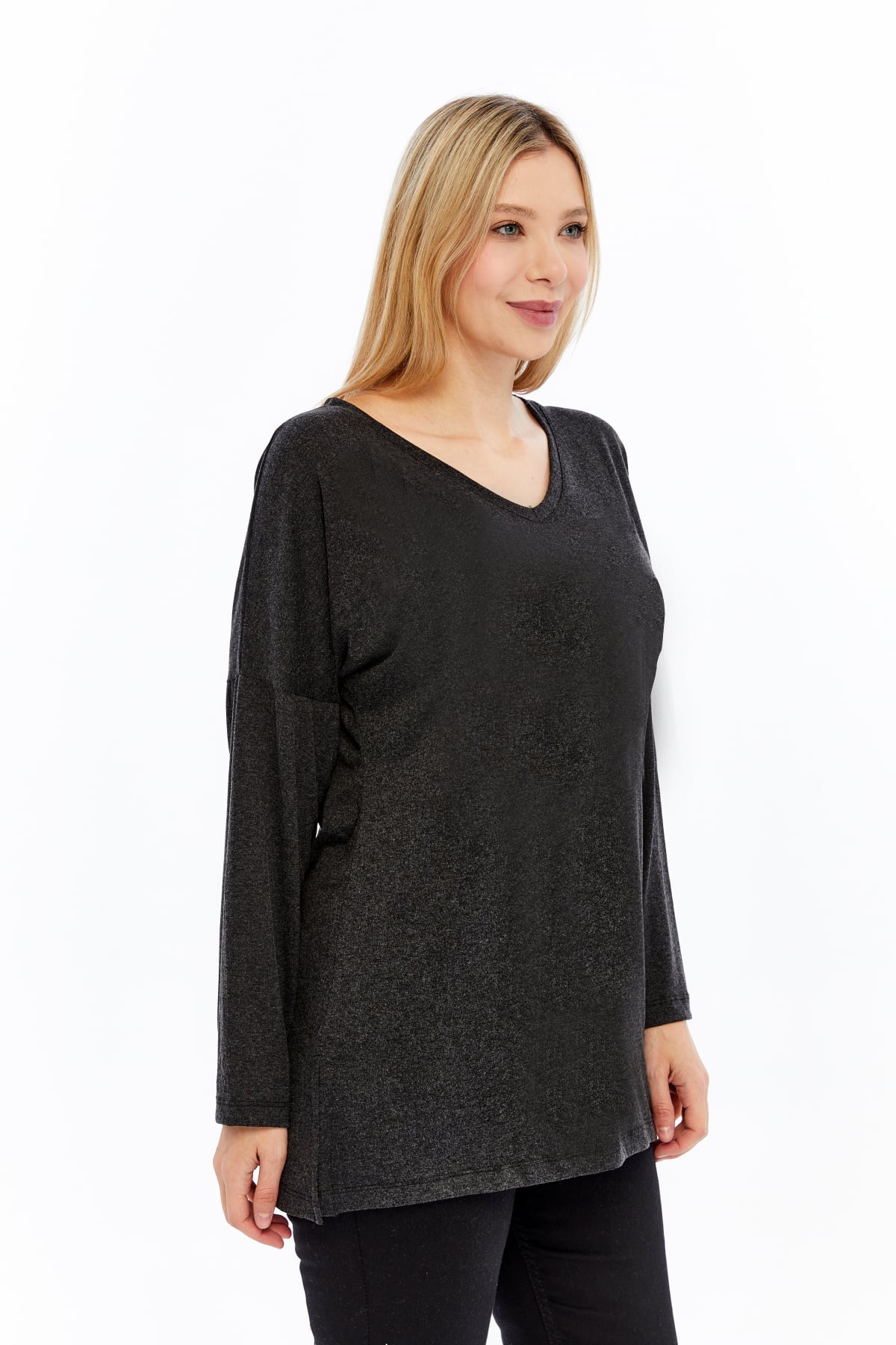 Plus Size V-Neck Long Sleeve Slit Heathered Viscose Anthracite Blouse