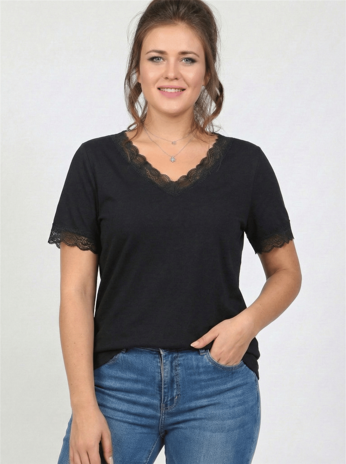 V-Neck Plus Size Short Sleeve Black Blouse with Lace Neckline and Cuffs