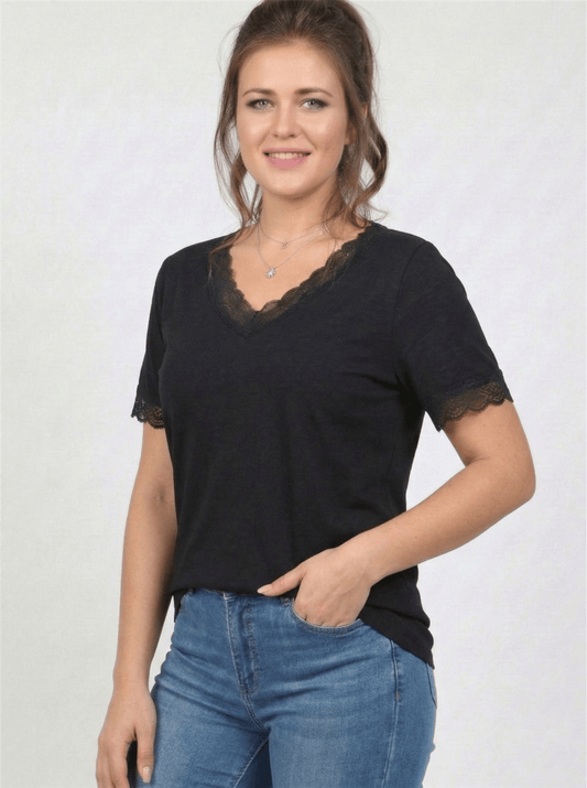 V-Neck Plus Size Short Sleeve Black Blouse with Lace Neckline and Cuffs