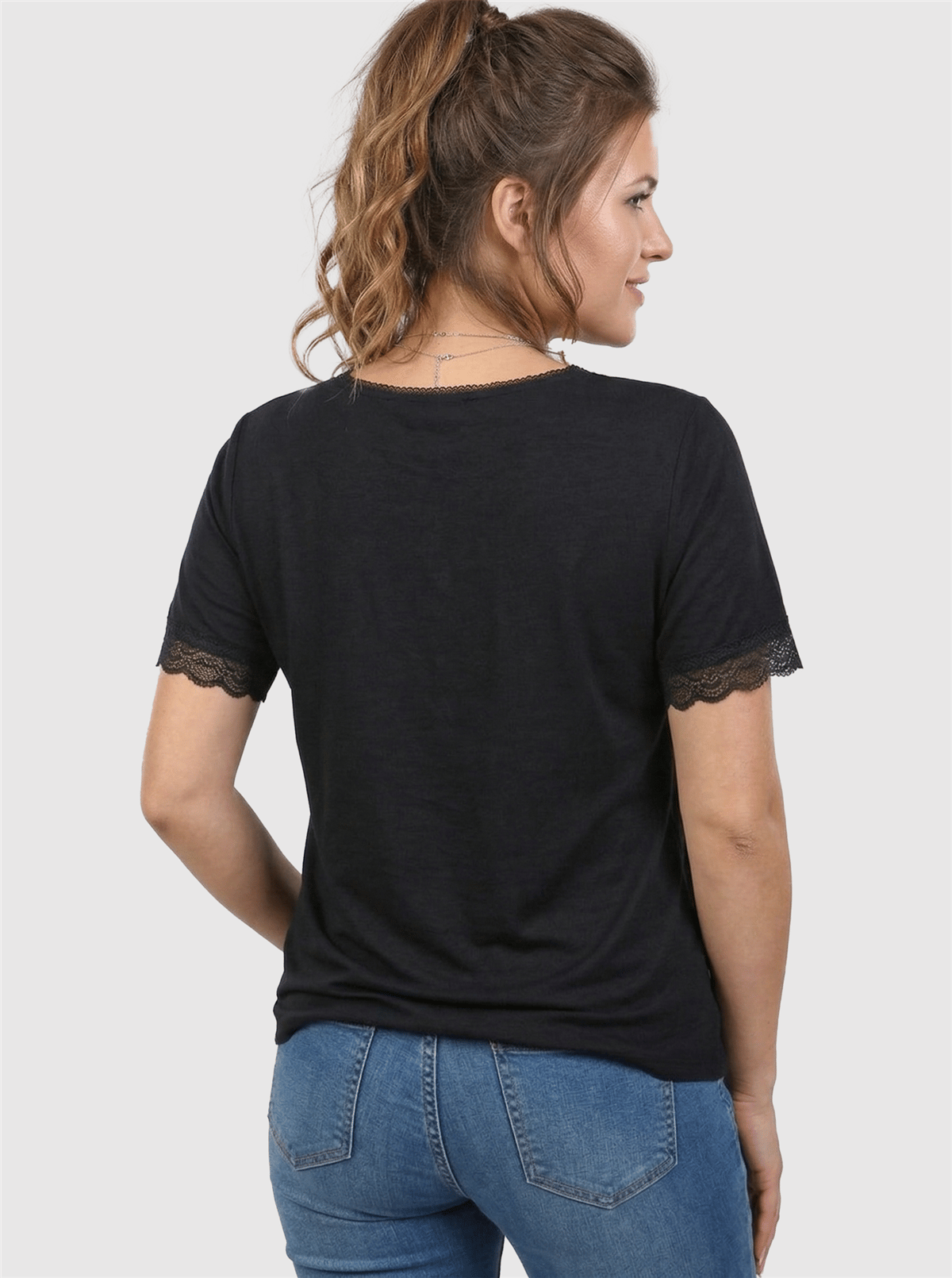 V-Neck Plus Size Short Sleeve Black Blouse with Lace Neckline and Cuffs