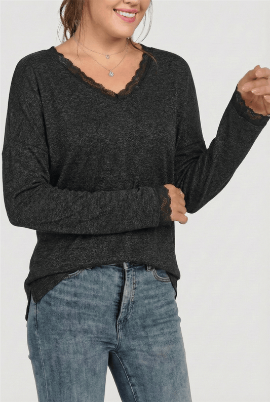 V-Neck Plus Size Long Sleeves Anthracite Blouse with Lace Neckline and Cuffs