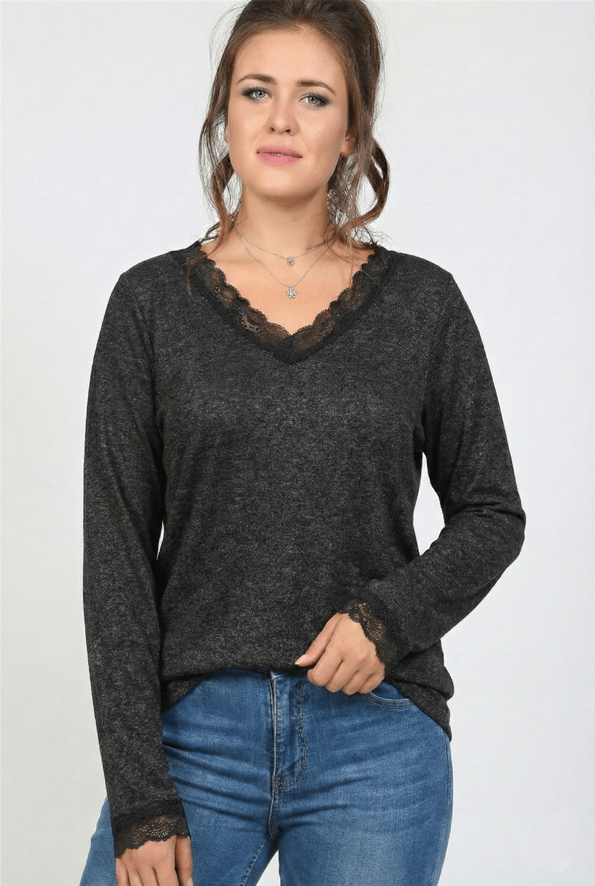 V-Neck Plus Size Long Sleeves Anthracite Blouse with Lace Neckline and Cuffs
