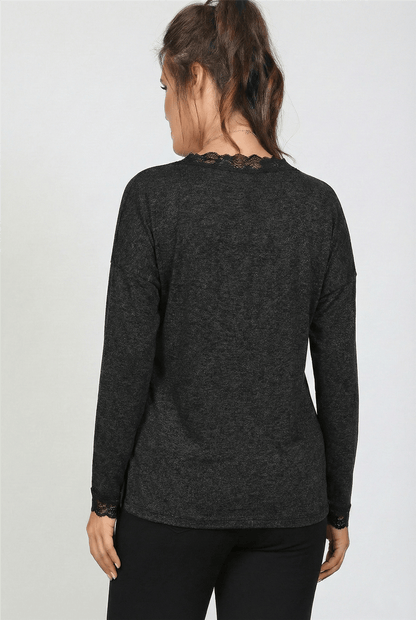 V-Neck Plus Size Long Sleeves Anthracite Blouse with Lace Neckline and Cuffs
