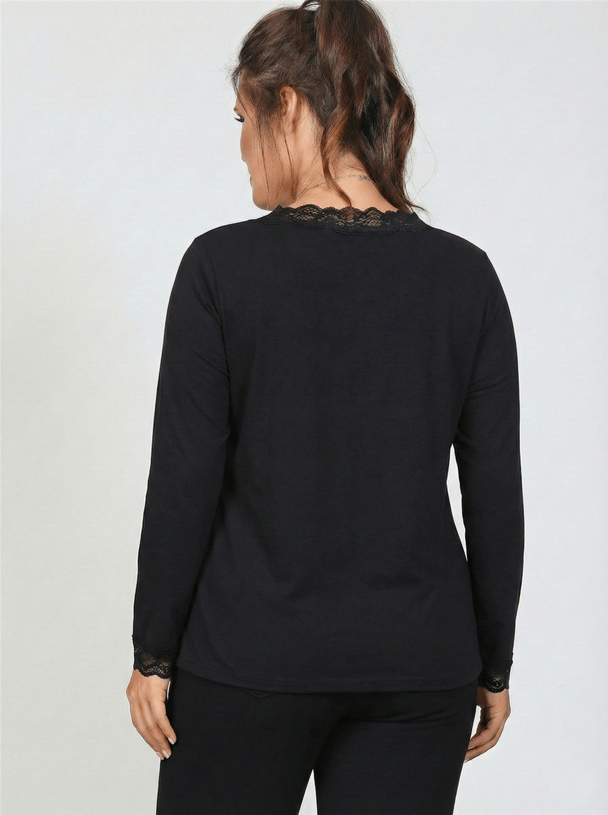 V-Neck Plus Size Long Sleeves Black Blouse with Lace Neckline and Cuffs