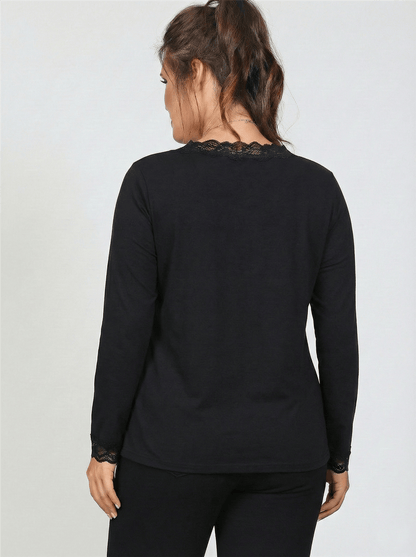 V-Neck Plus Size Long Sleeves Black Blouse with Lace Neckline and Cuffs