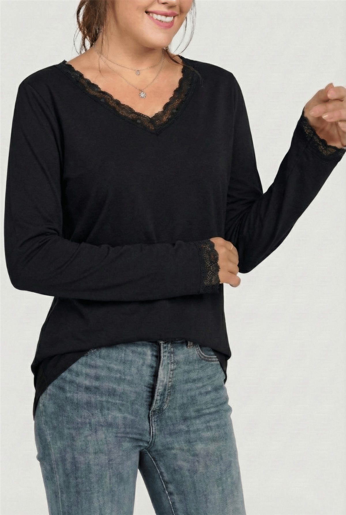 V-Neck Plus Size Long Sleeves Black Blouse with Lace Neckline and Cuffs
