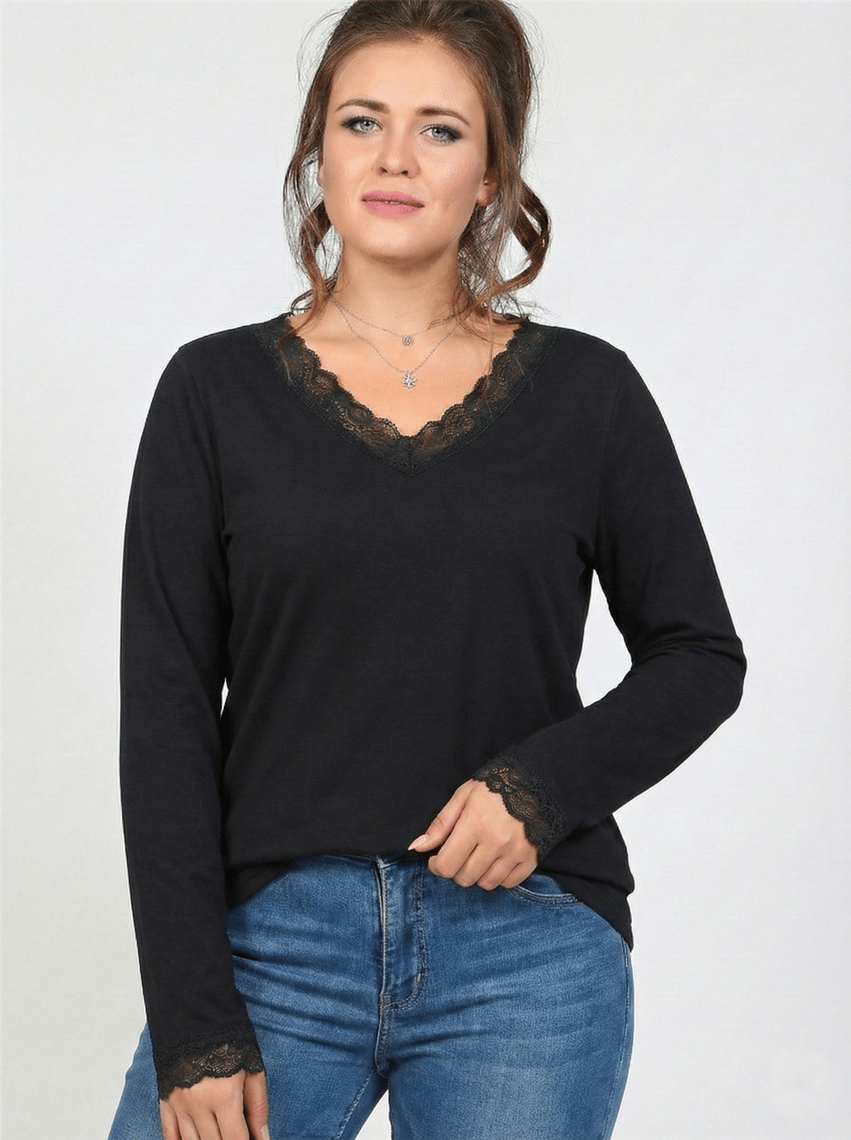 V-Neck Plus Size Long Sleeves Black Blouse with Lace Neckline and Cuffs