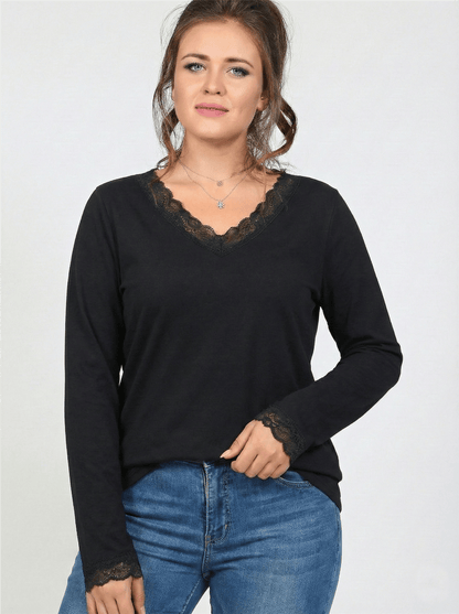 V-Neck Plus Size Long Sleeves Black Blouse with Lace Neckline and Cuffs