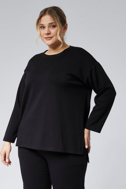 BLACK Plus Size Side Slit Pocket Two-Piece Set Pointel Ribbed Lycra Cotton - Denoss