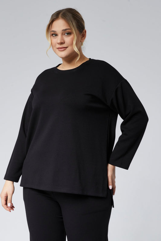 BLACK Plus Size Side Slit Pocket Two-Piece Set Pointel Ribbed Lycra Cotton - Denoss