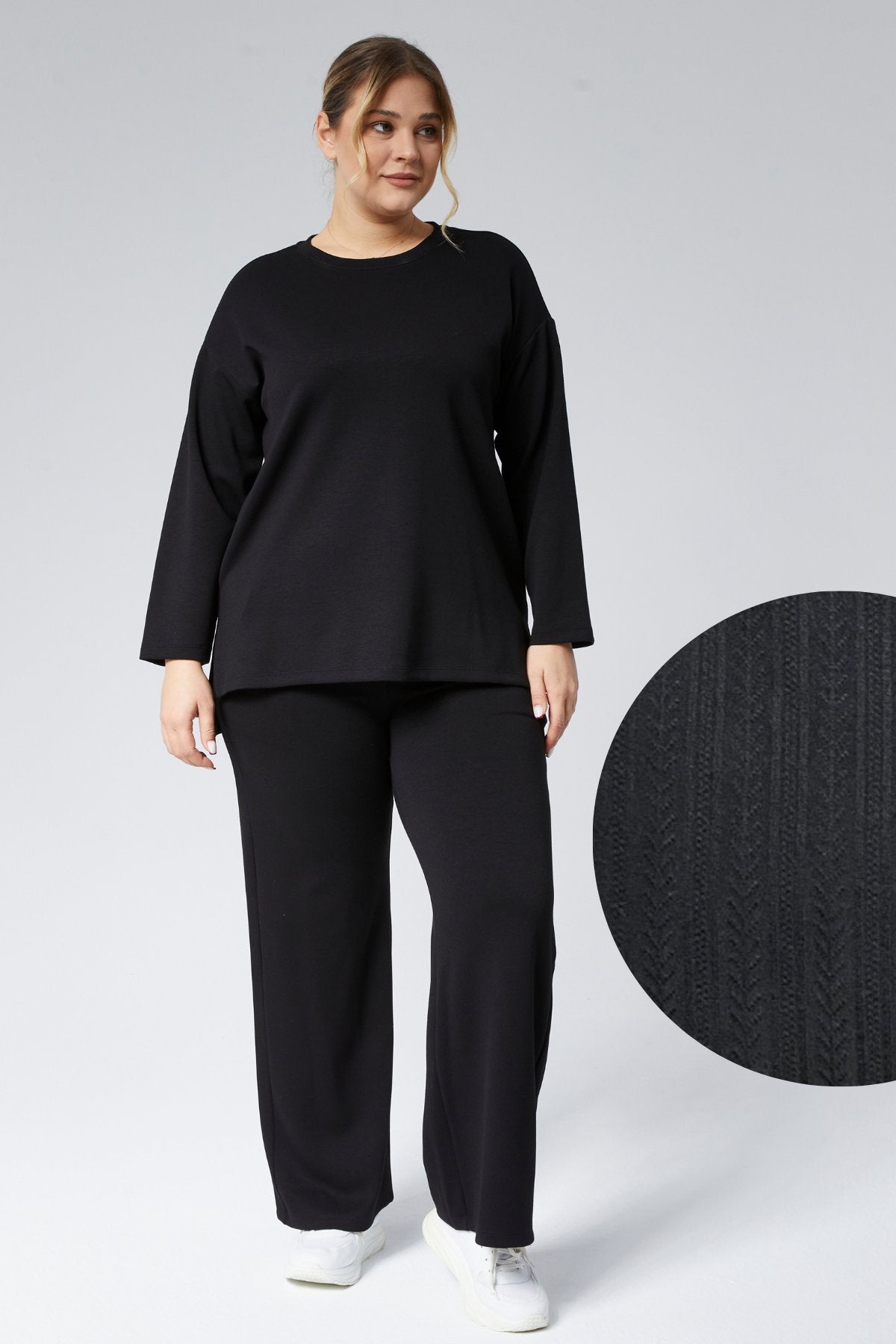 BLACK Plus Size Side Slit Pocket Two-Piece Set Pointel Ribbed Lycra Cotton - Denoss