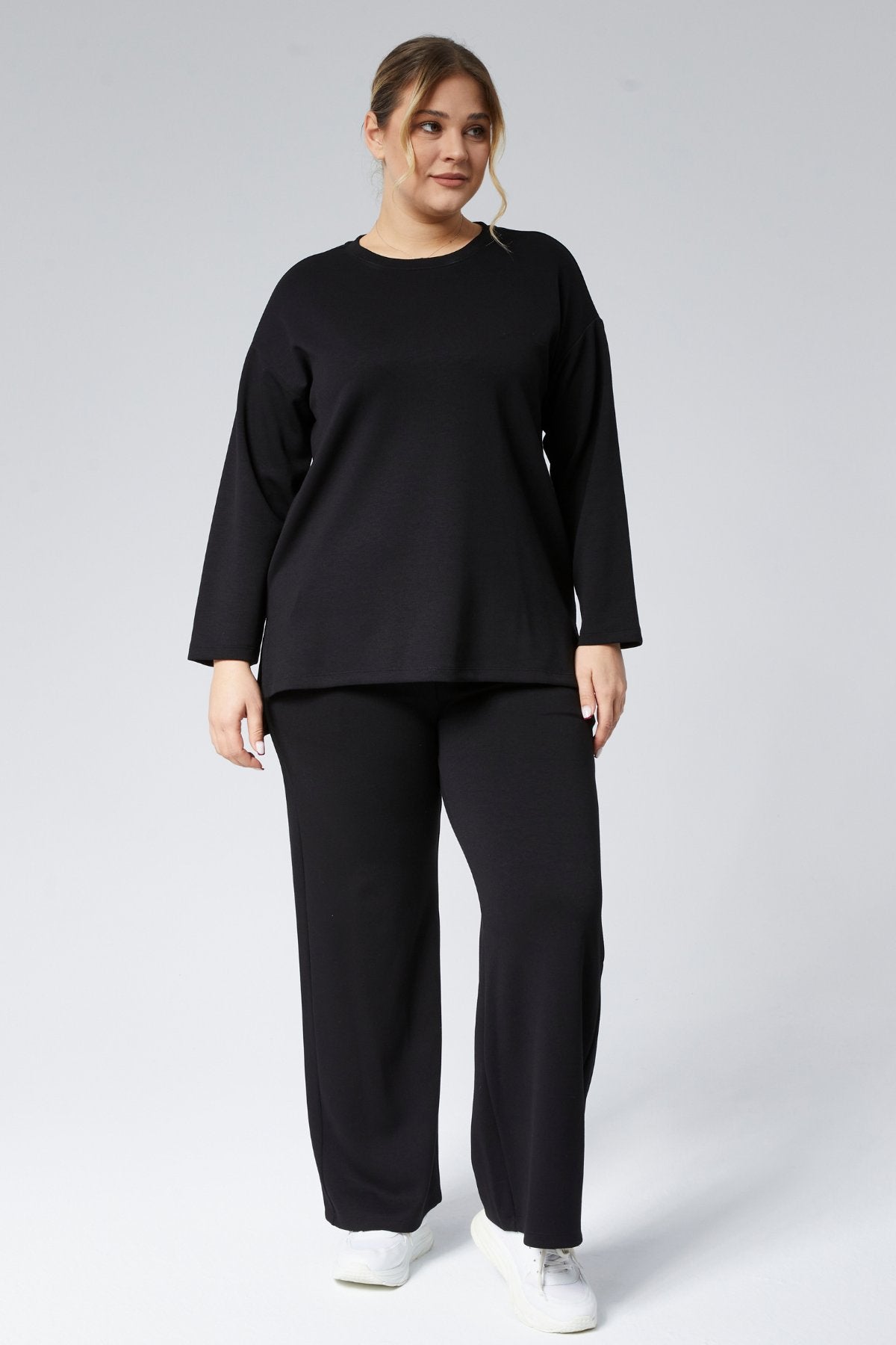 BLACK Plus Size Side Slit Pocket Two-Piece Set Pointel Ribbed Lycra Cotton - Denoss