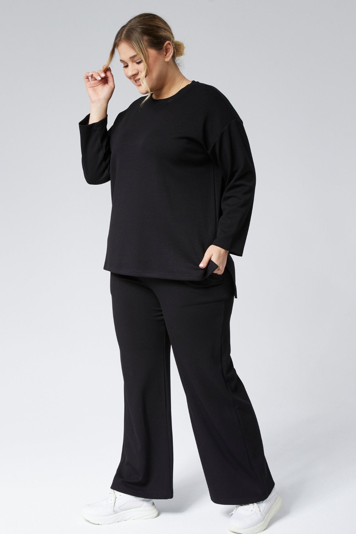 BLACK Plus Size Side Slit Pocket Two-Piece Set Pointel Ribbed Lycra Cotton - Denoss