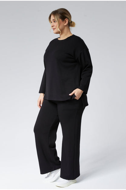 BLACK Plus Size Side Slit Pocket Two-Piece Set Pointel Ribbed Lycra Cotton - Denoss