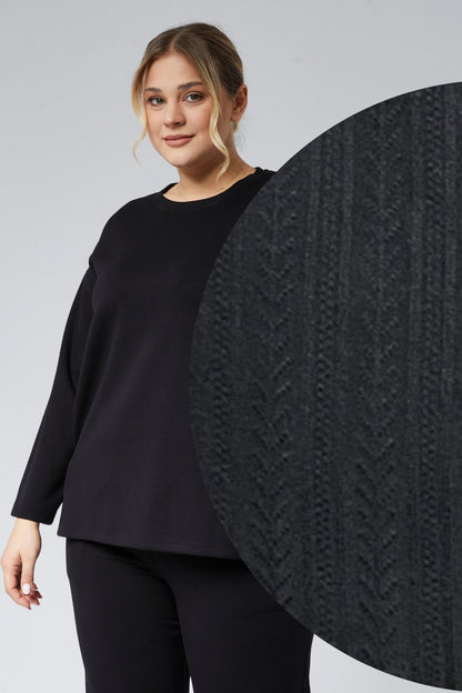 BLACK Plus Size Side Slit Pocket Two-Piece Set Pointel Ribbed Lycra Cotton - Denoss